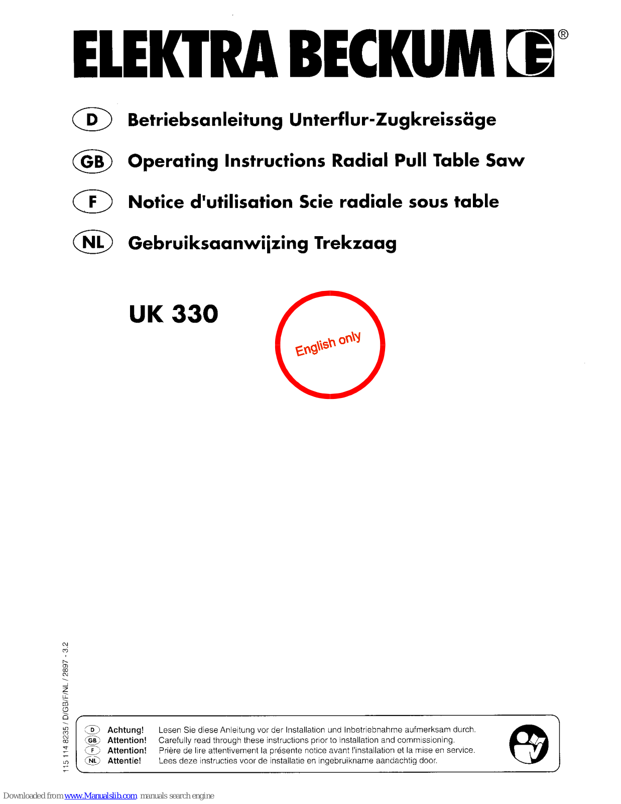 Elektra Beckum UK 330 W, UK 330 D Operating Instructions Manual