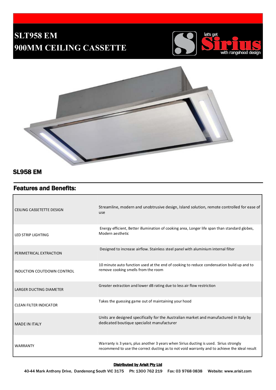 Sirius SLT958EMWHP, SLT958EMWH, SLT958EMXP, SLT958EM, SLT958EMWHPSEM2XS316 Specifications Sheet