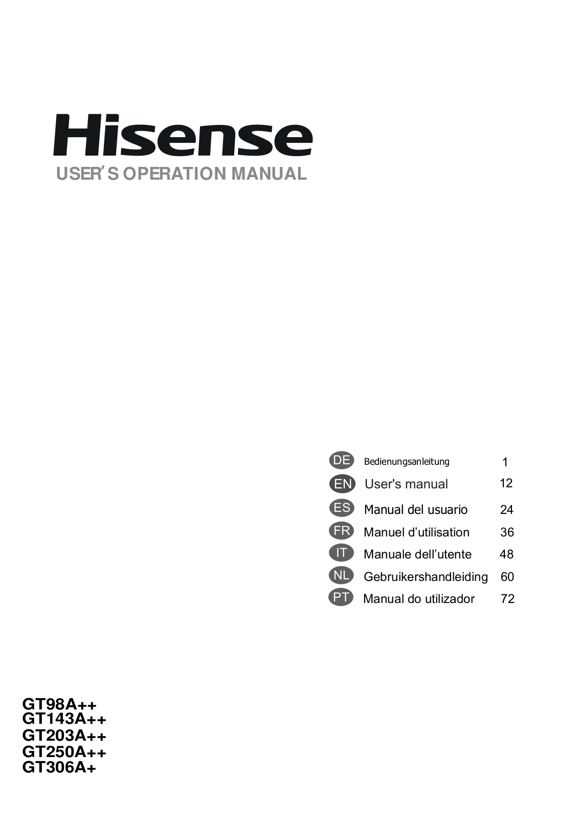 Hisense GT98A, GT306A, GT250A, GT203A, GT143A Operating Instructions