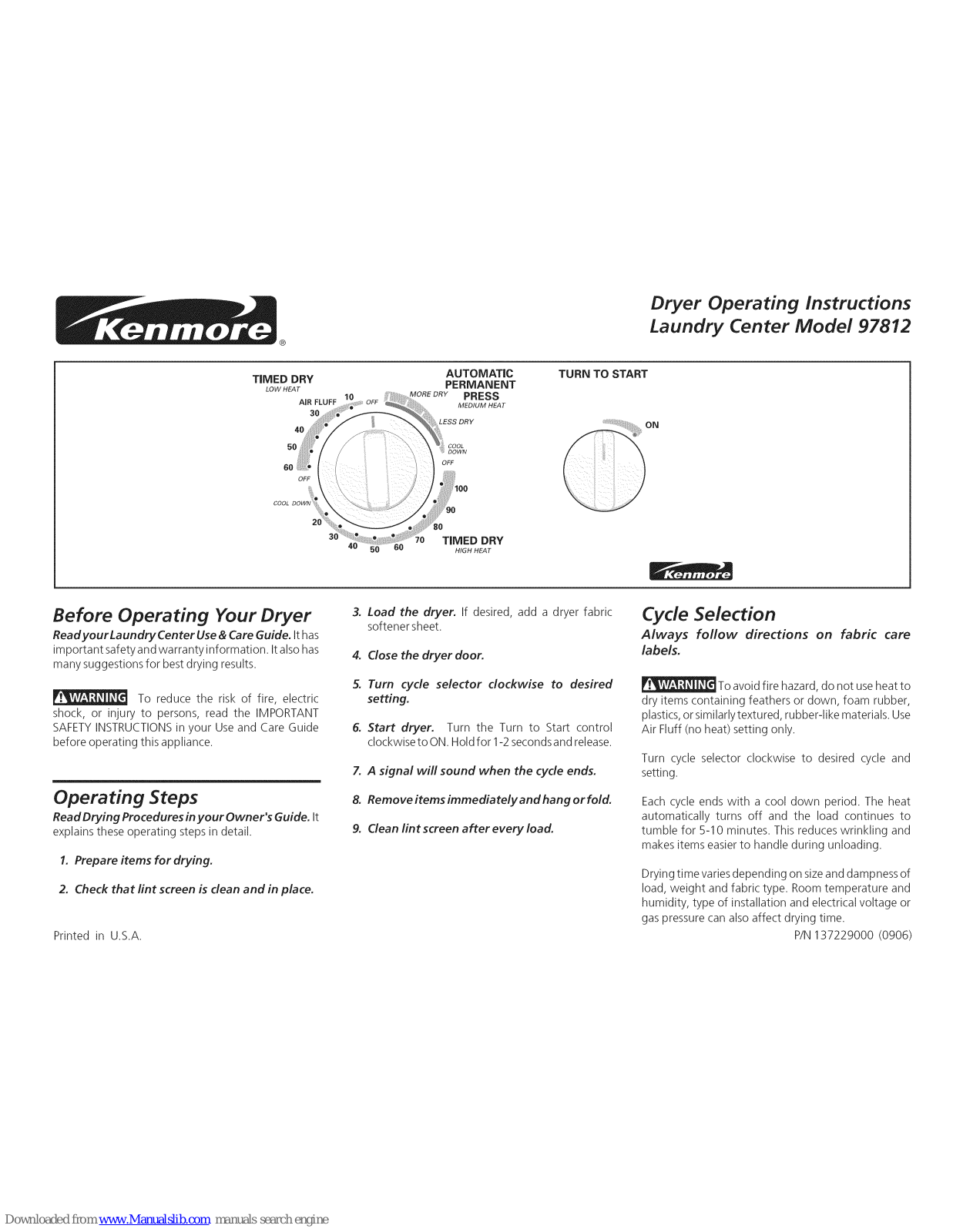 Kenmore 9781 - 27 in. Laundry Center, 97812 Operating Instructions Manual - ManualMachine.com