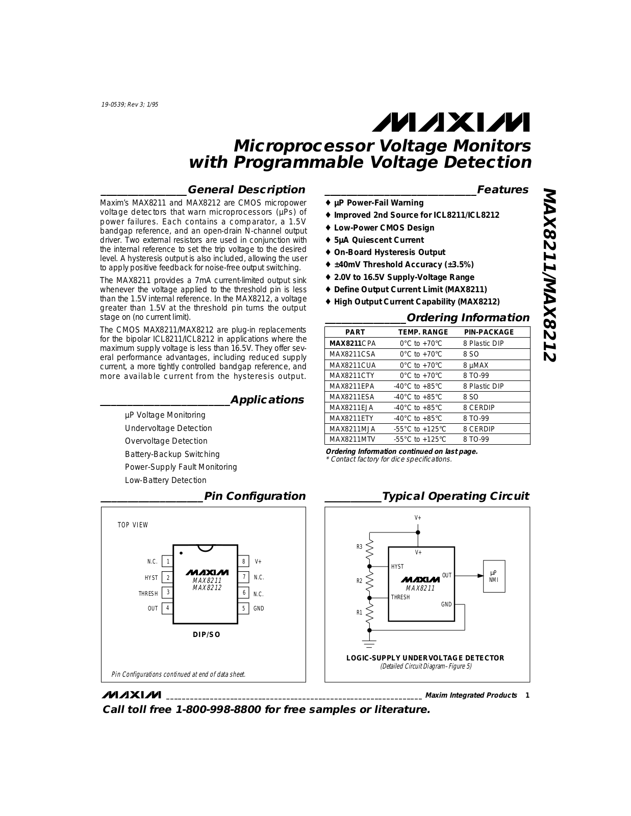 Maxim MAX8211CUA, MAX8211CPA, MAX8211CSA, MAX8211CTY, MAX8212EPA Datasheet