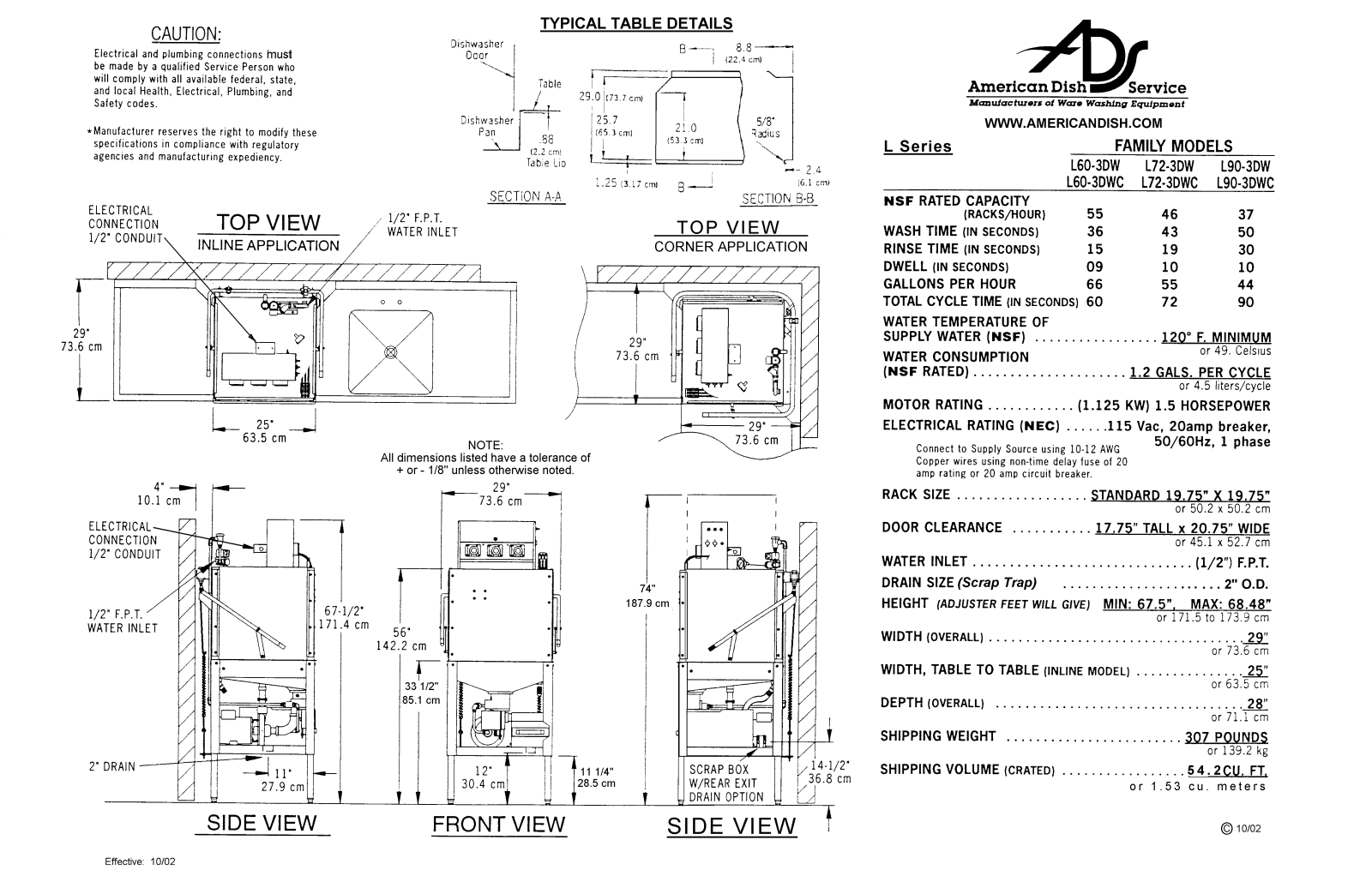 American Dish LW-3D, L60-3DWC Specifications