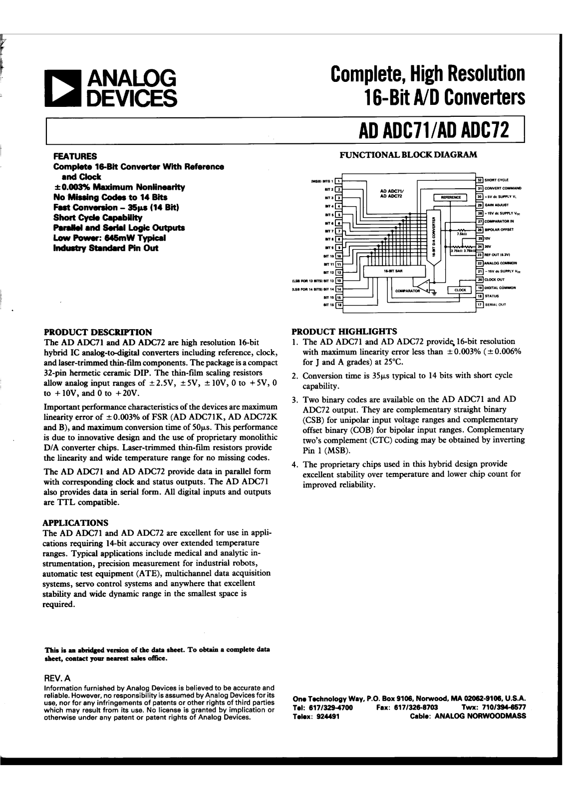 Analog Devices AD AD72, AD AD71 Datasheet