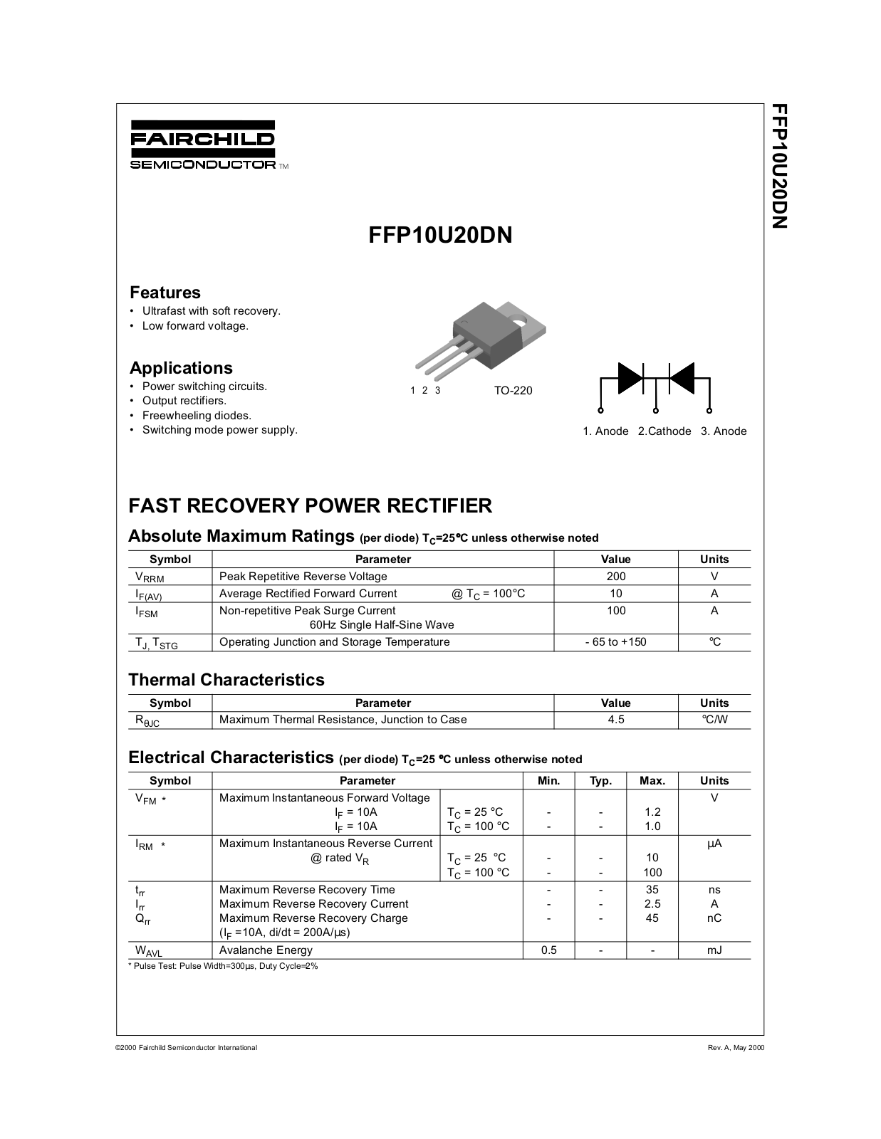 Fairchild Semiconductor FFP10U20DN Datasheet