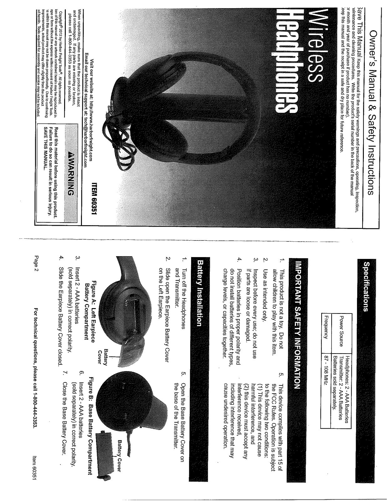 Harbor Freight Tools Wireless Headphones Product manual