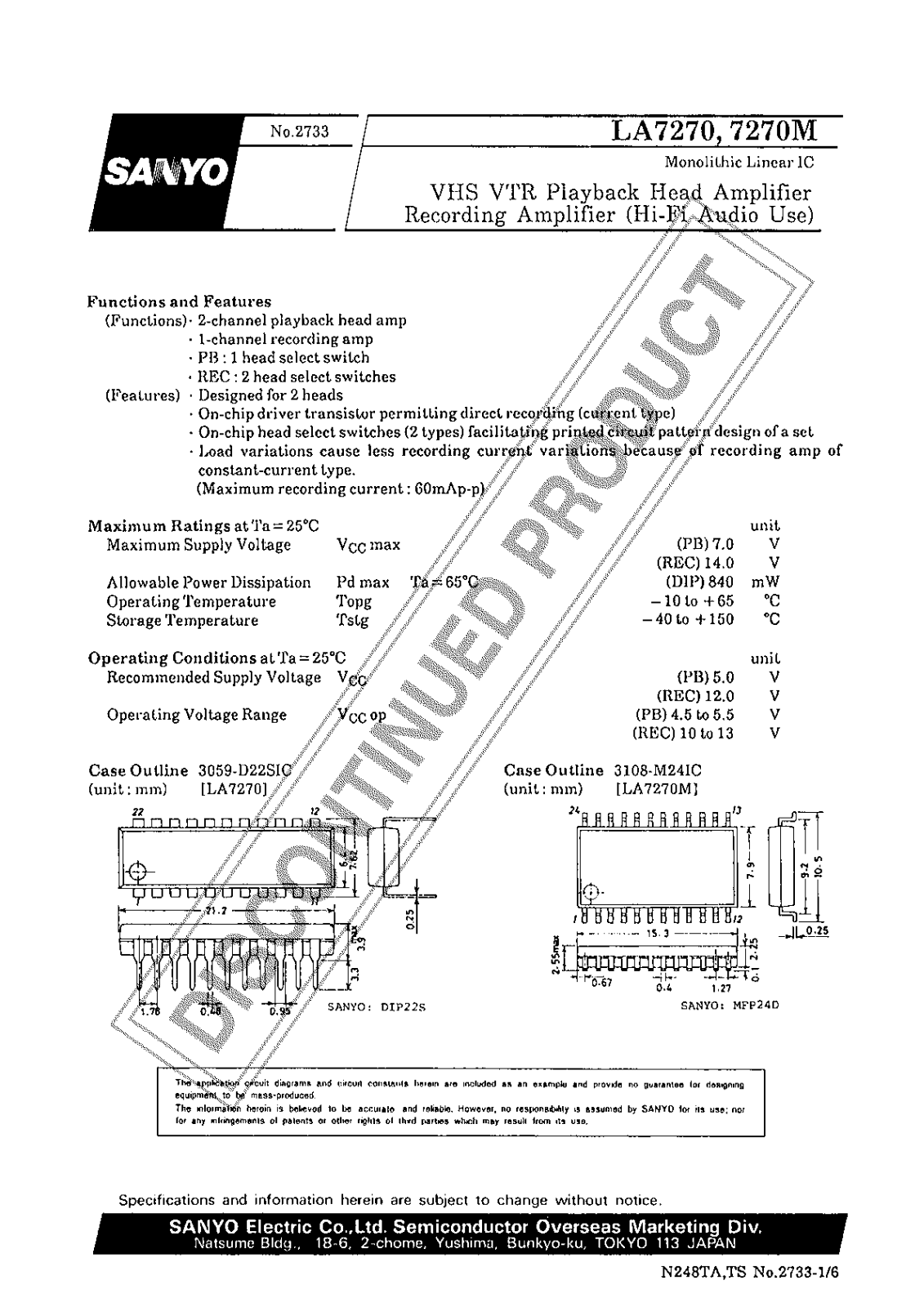 Sanyo LA7270M Specifications