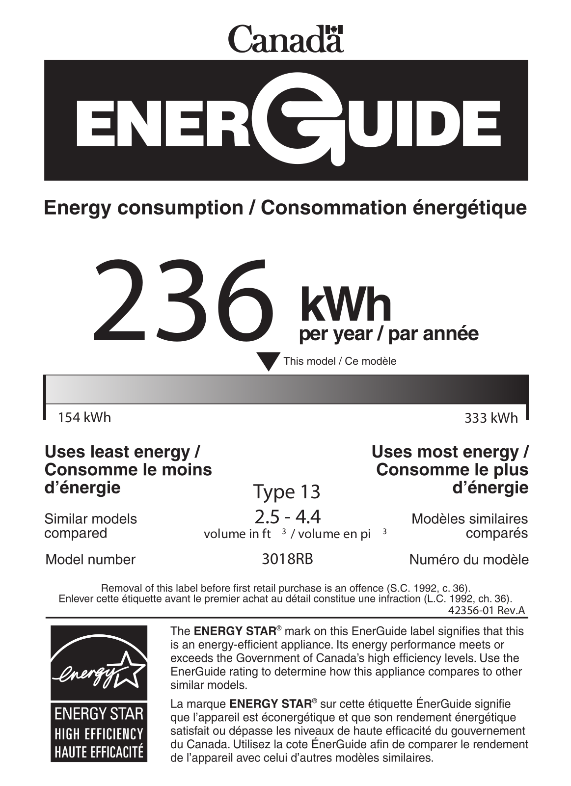 U-line U3018RINT00B Energy Guide