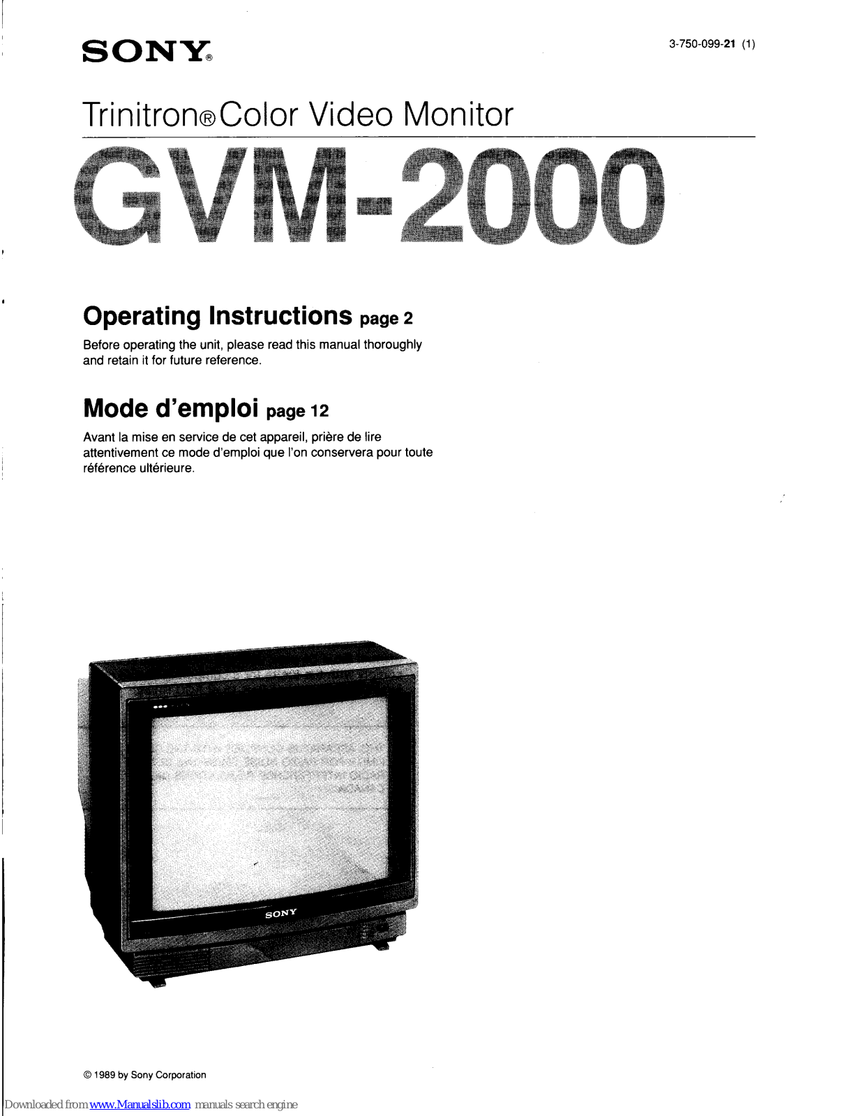 Sony Trinitron GVM-2000 Operating Instructions Manual