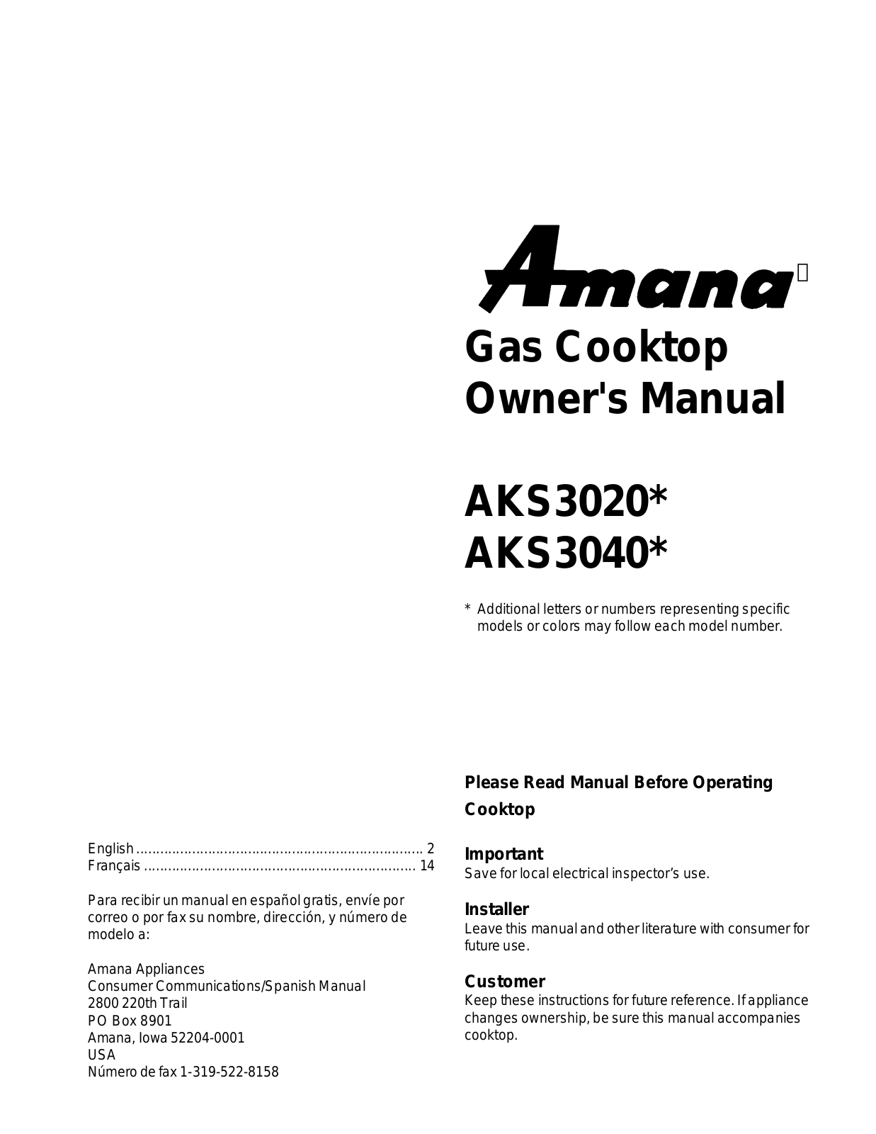 Amana AKS3020 User Manual