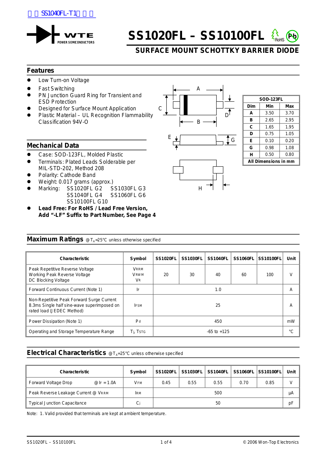 WTE SS1020FL, SS10100FL Technical data