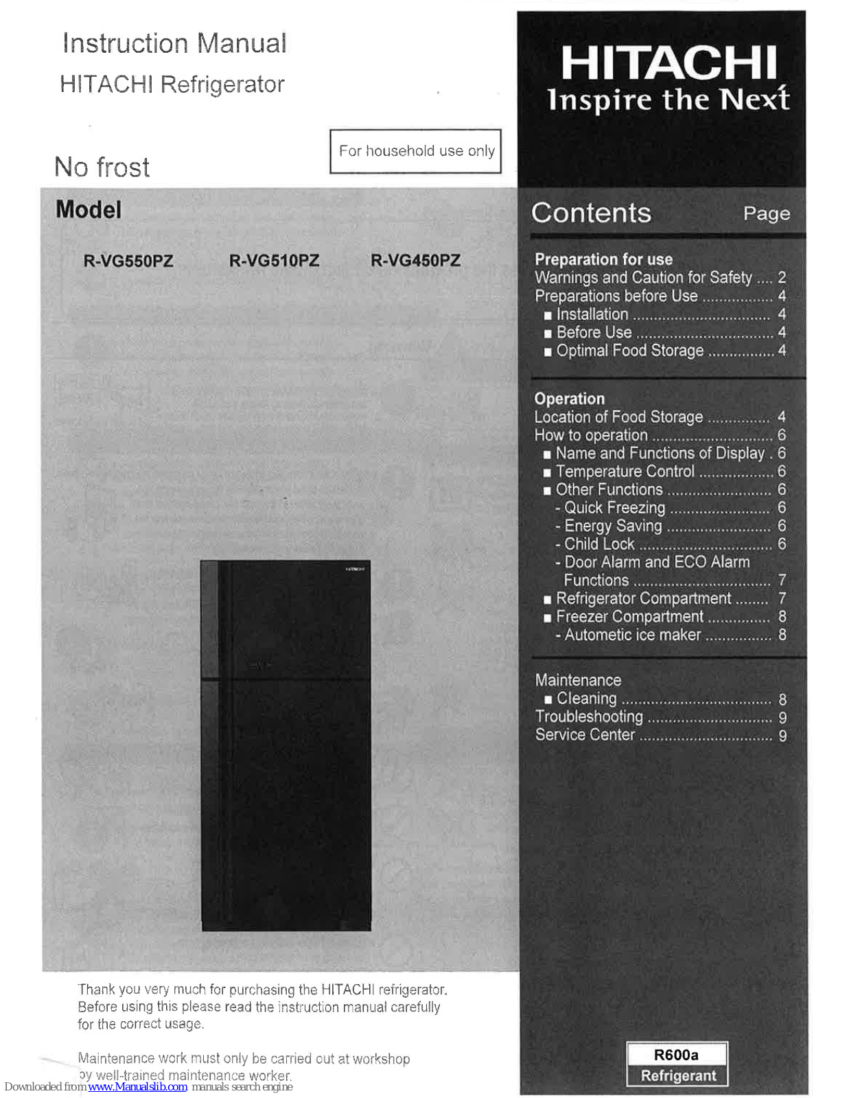 Hitachi R-VG550PZ, R-VG510PZ, R-VG450PZ Instruction Manual