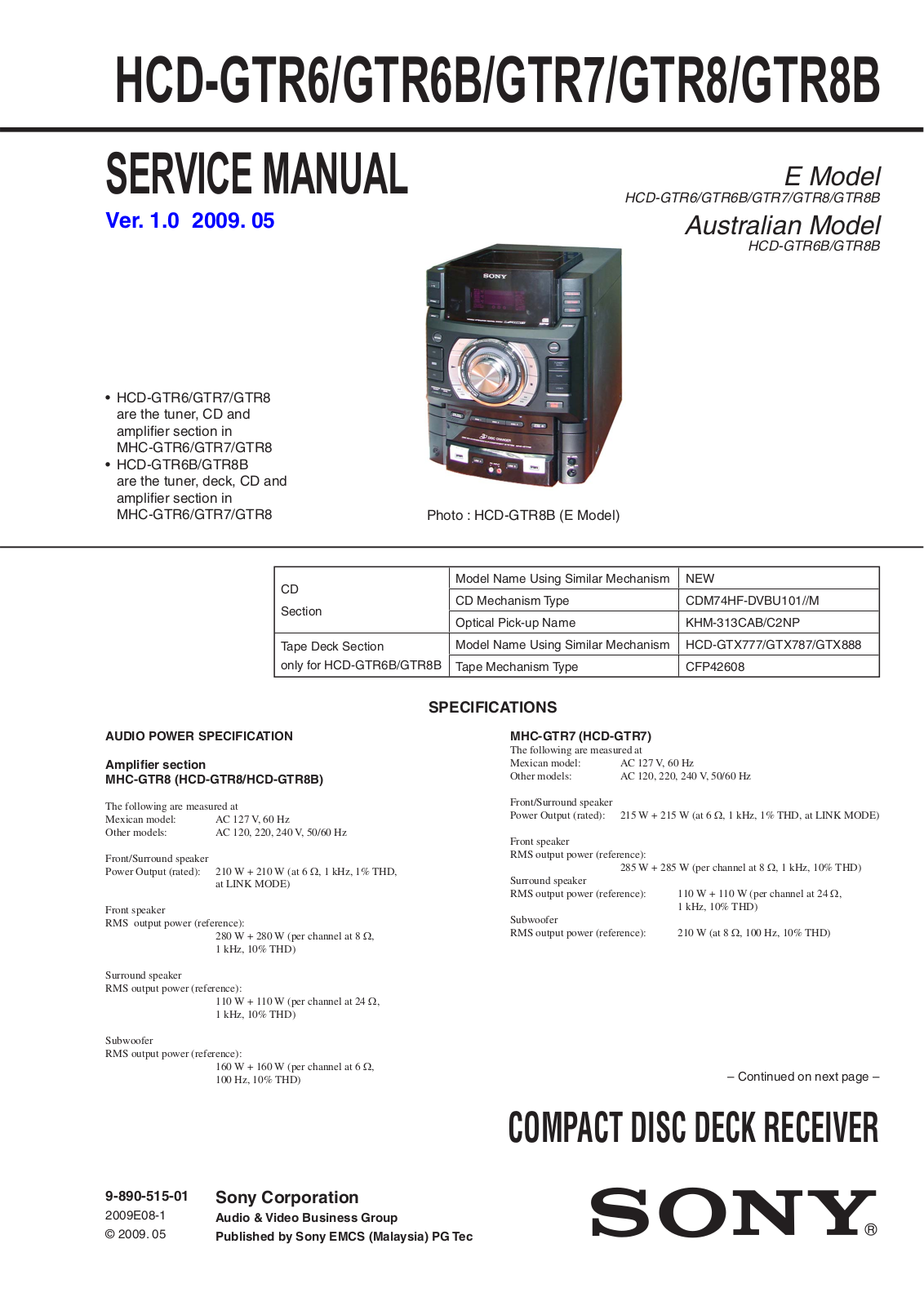 SONY HCD-GTR6, HCD-GTR6B, HCD-GTR7, HCD-GTR8, HCD-GTR8B Service Manual