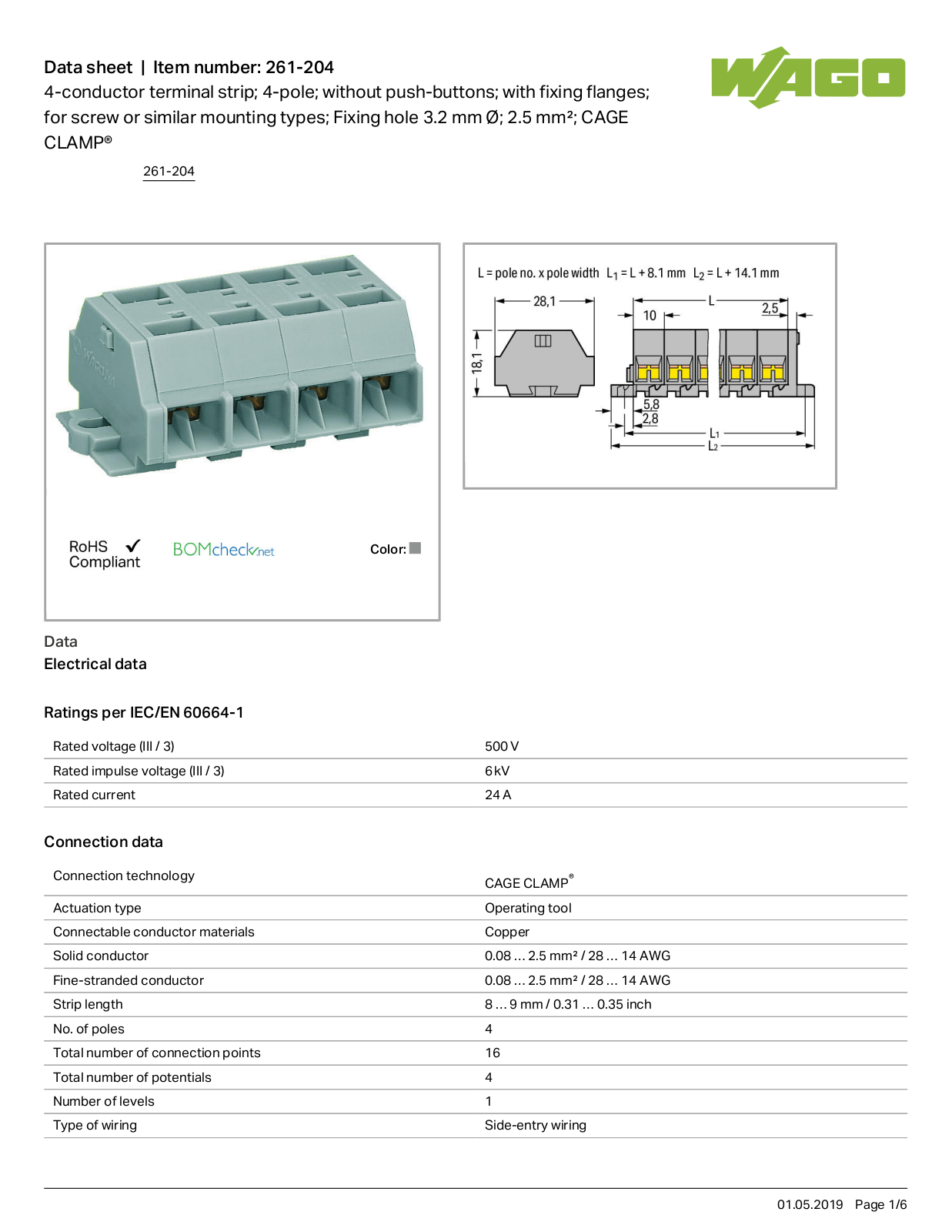 Wago 261-204 Data Sheet