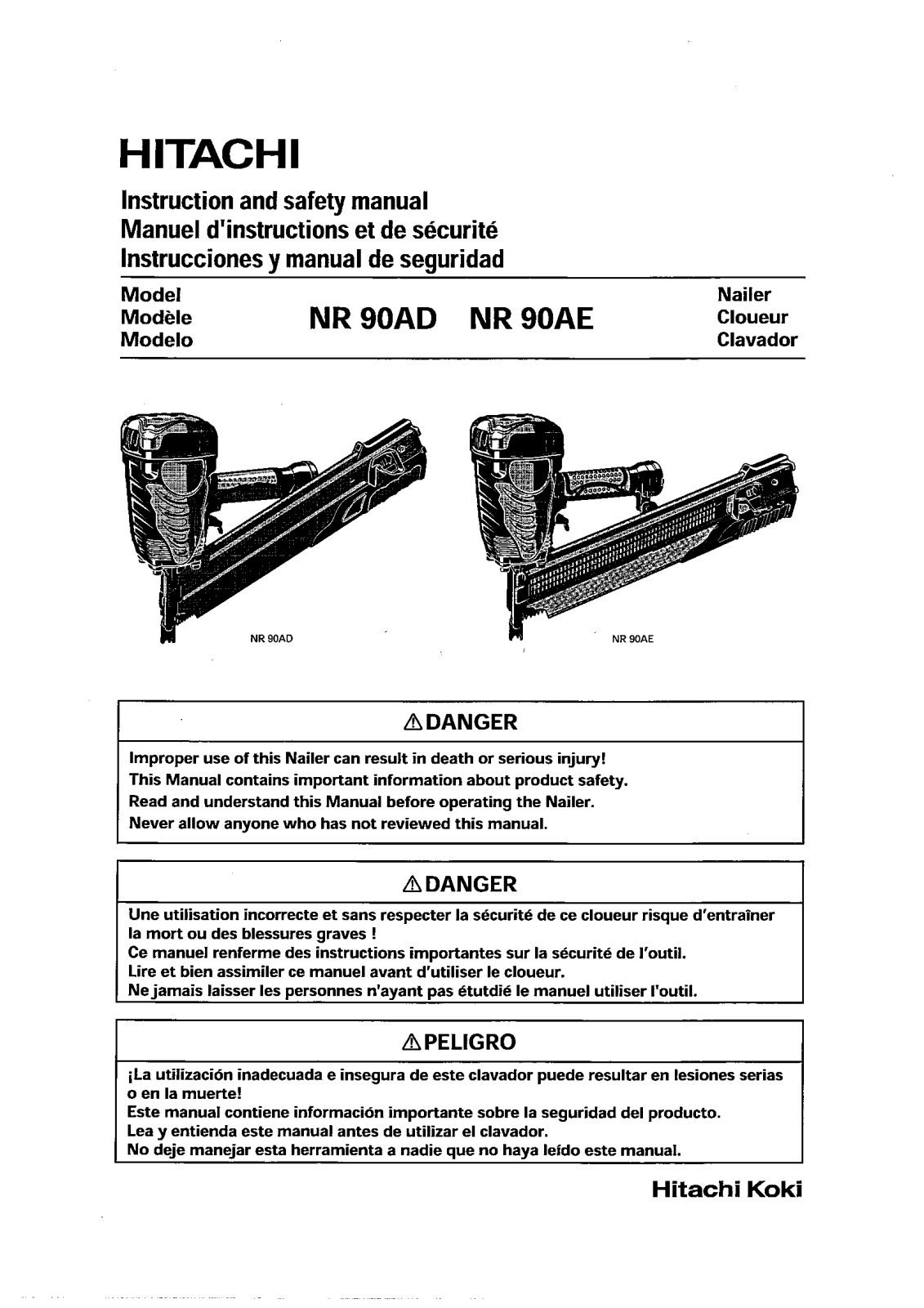 Hitachi Koki USA NR 90AE, NR 90AD User Manual