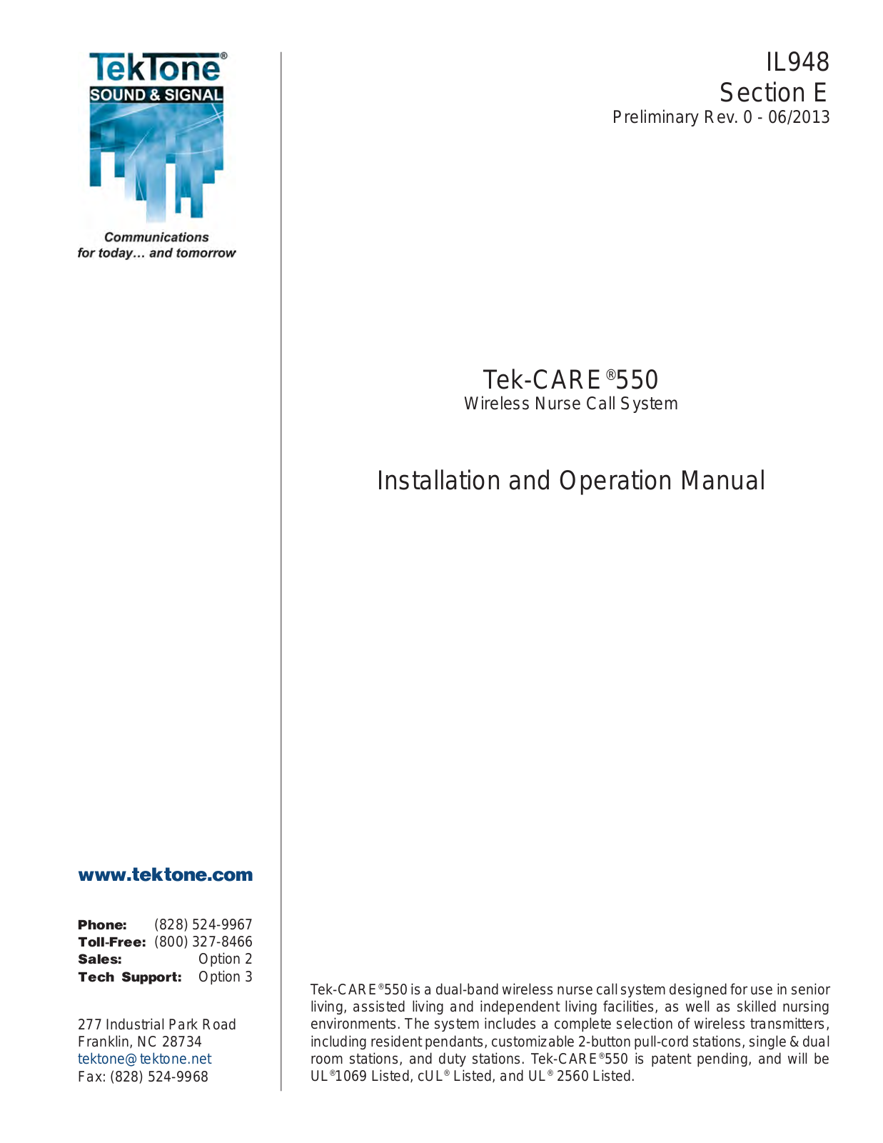 TekTone Sound and Signal Mfg PM550 User Manual