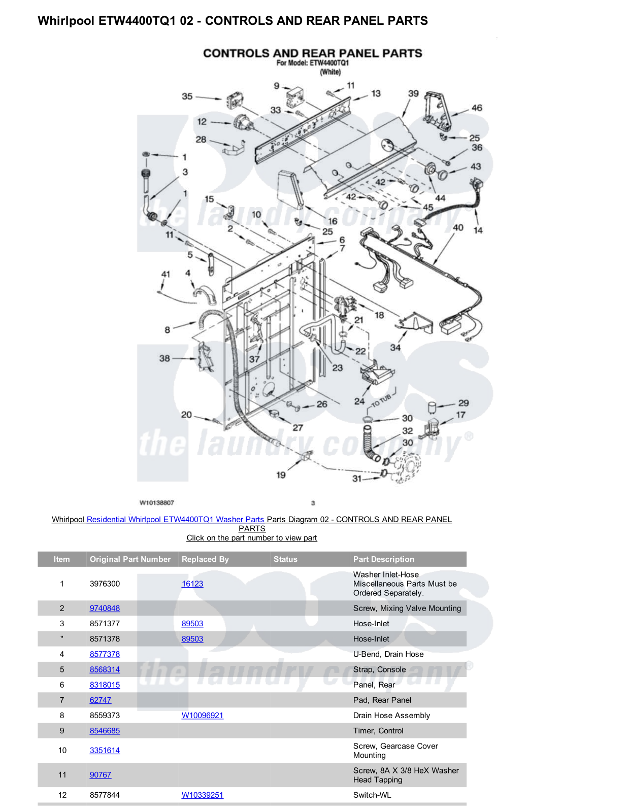 Whirlpool ETW4400TQ1 Parts Diagram