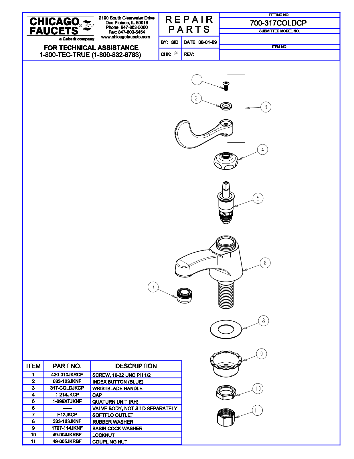 Chicago Faucet 700-317COLDCP Parts List