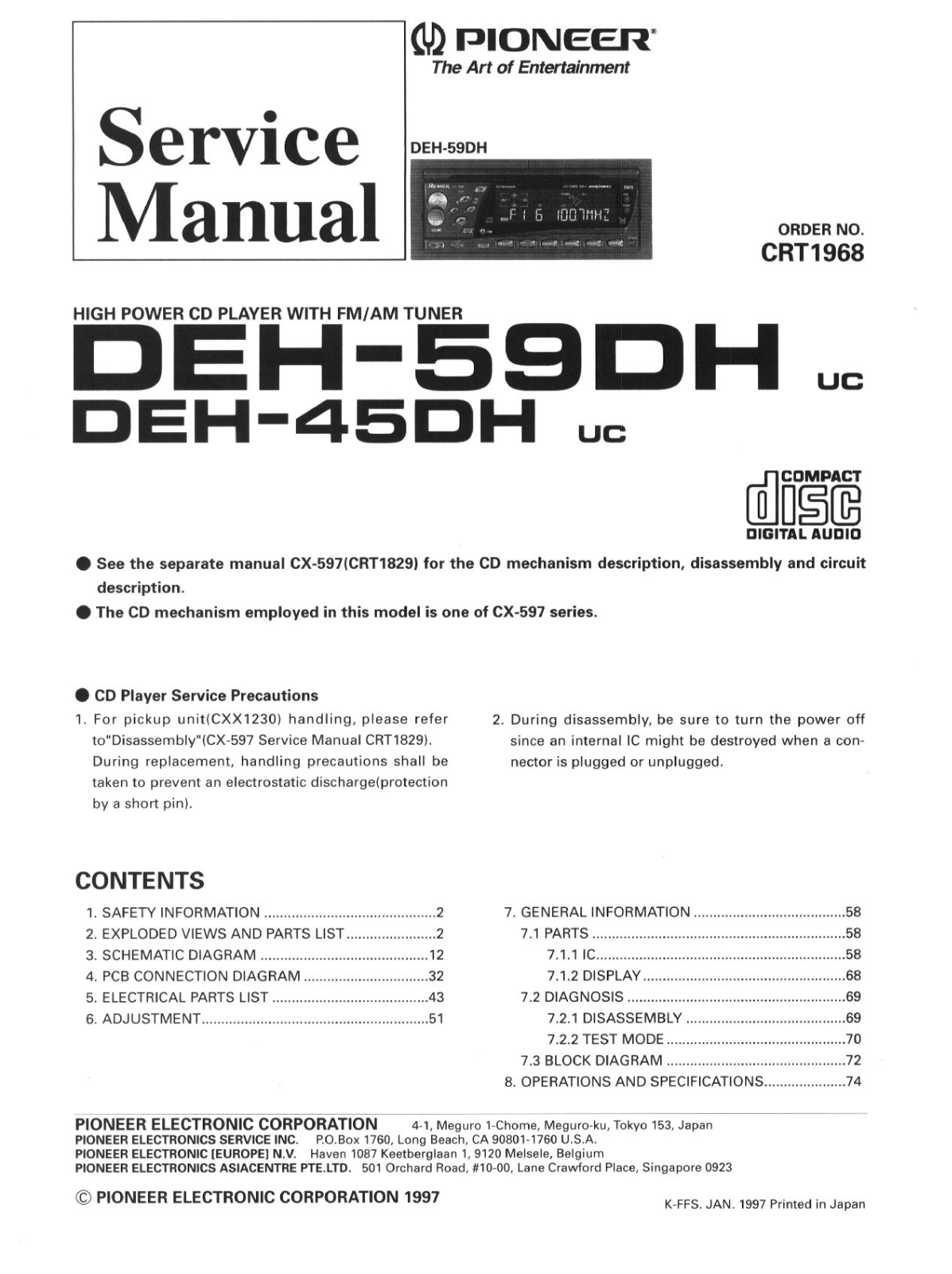 PIONEER DEH-59DH UC, DEH-45DH UC Service Manual