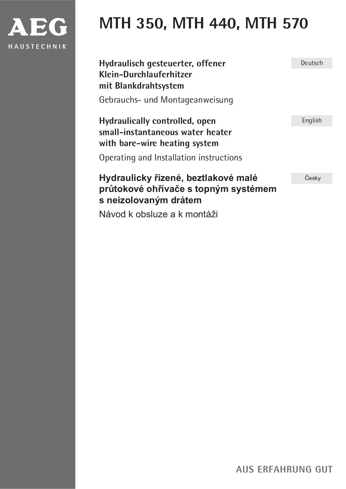 AEG Haustechnik MTH 350, MTH 440, MTH 570 Operating and Installation instructions