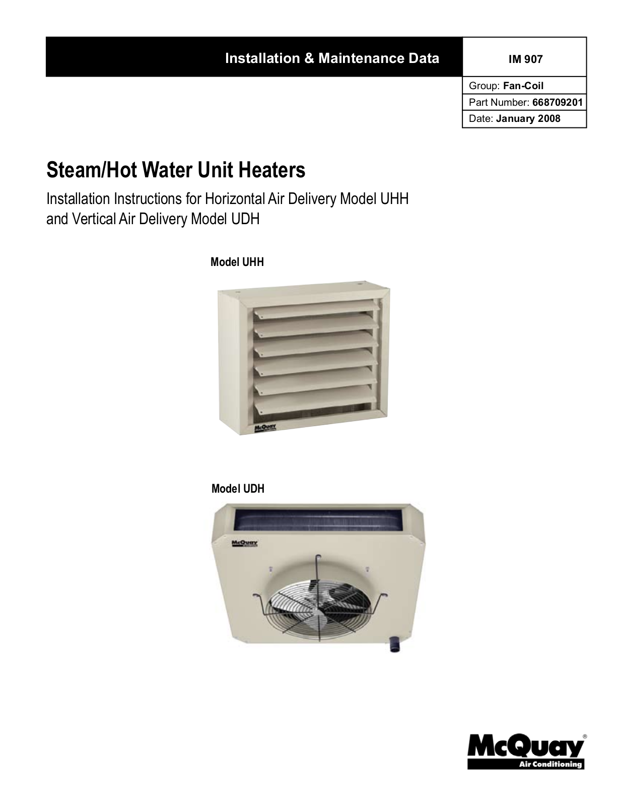 McQuay UDH-139 Installation  Manual