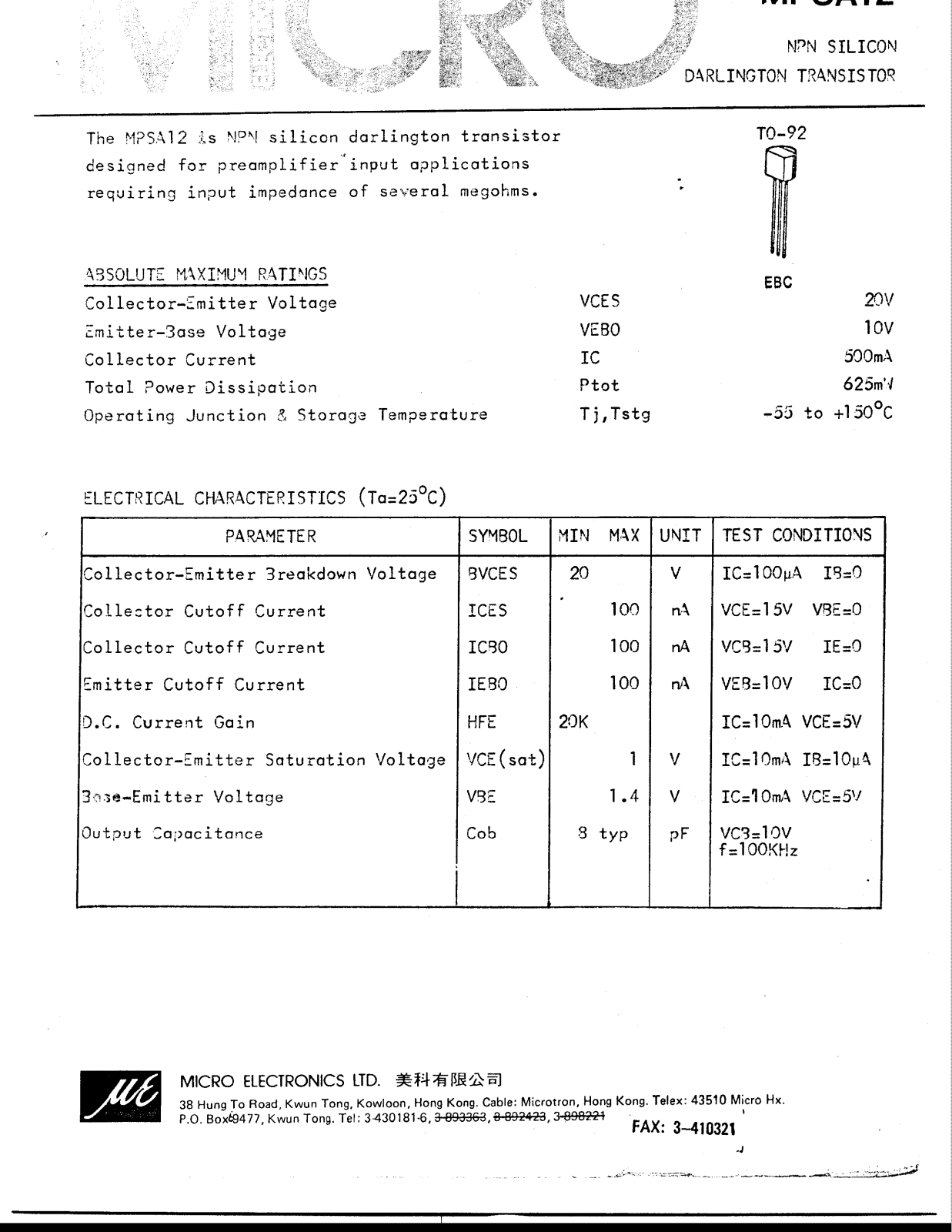 MICRO MPSA12 Datasheet