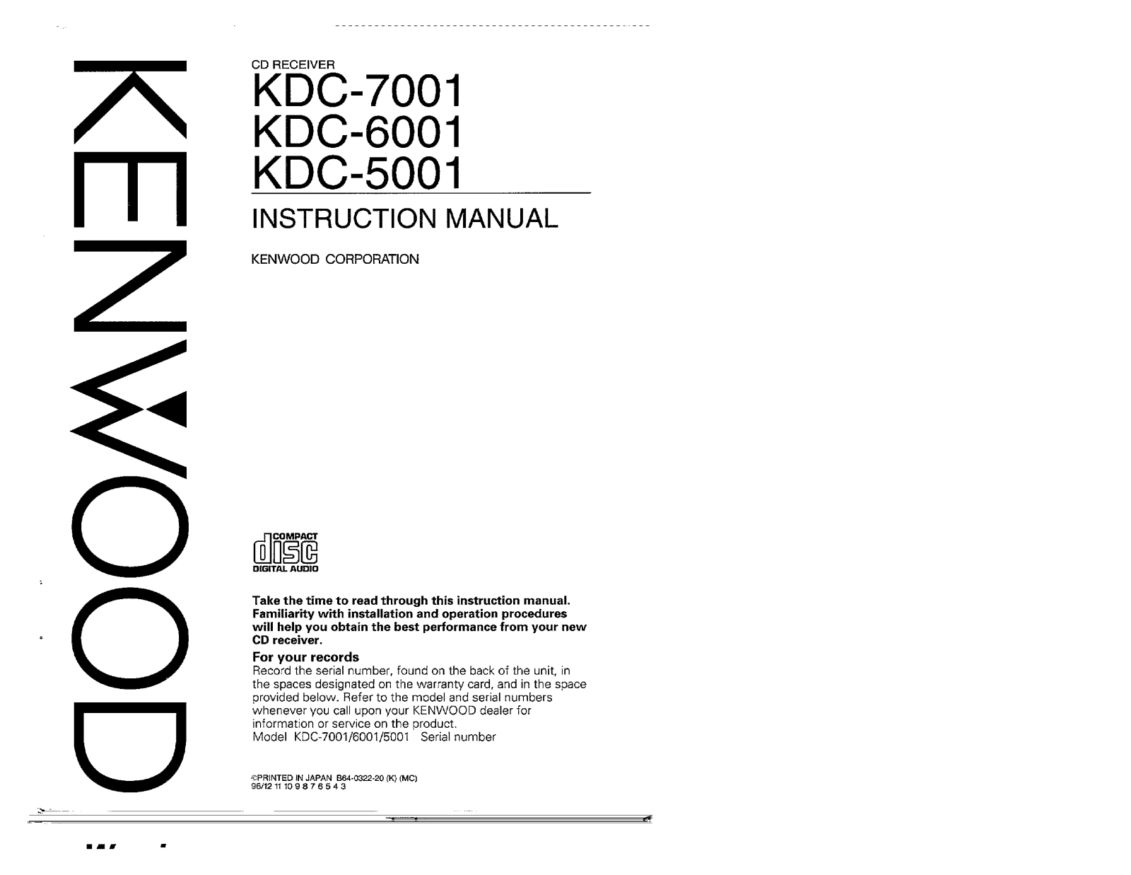 Kenwood KDC-7001, KDC-5001, KDC-6001 Owner's Manual