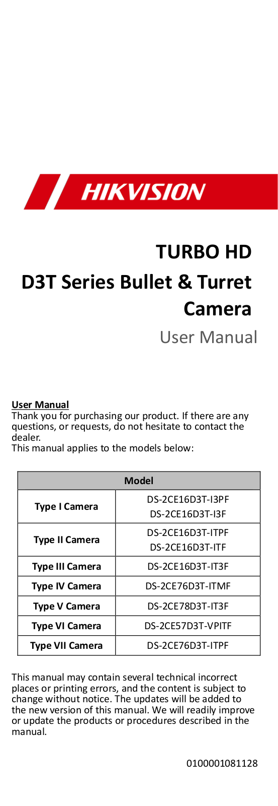 Hikvision DS-2CE76D3T-ITMF-2-8mm, DS-2CE76D3T-ITMF-3-6mm, DS-2CE76D3T-ITMF-6mm, DS-2CE78D3T-IT3F-2-8mm User Manual