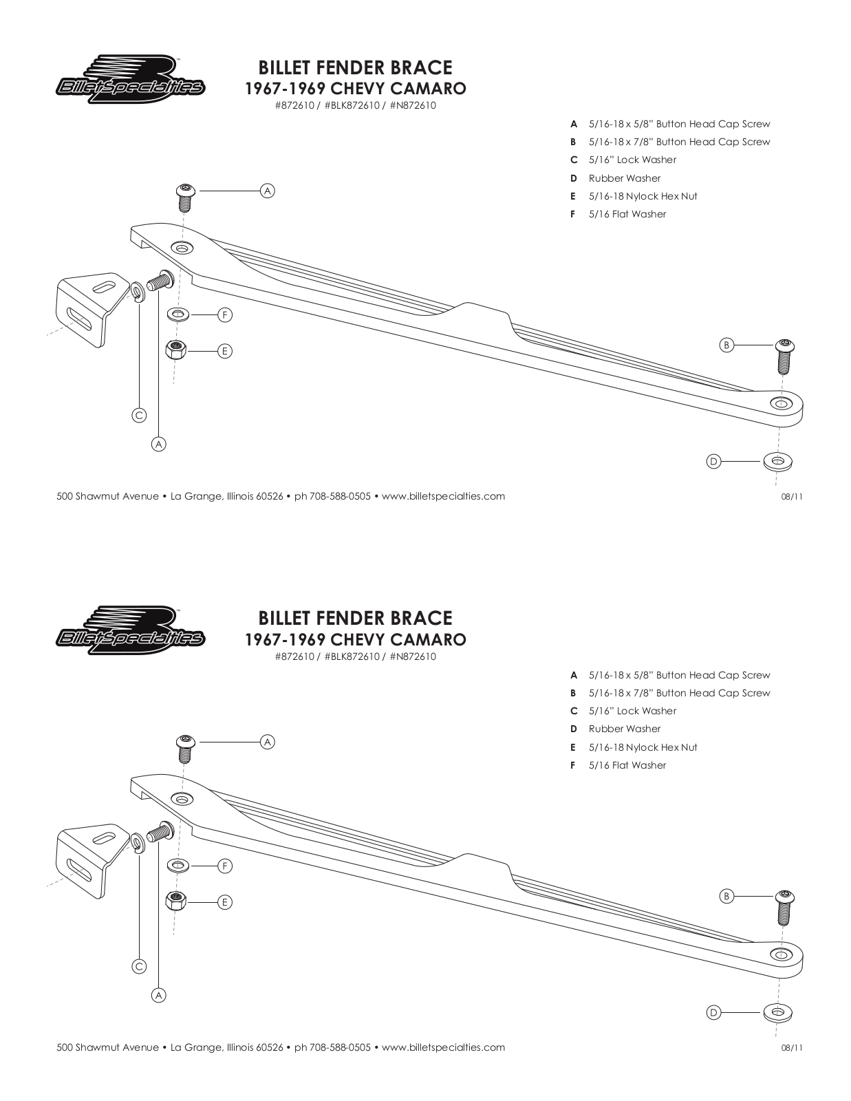 Billet Specialties Fender Braces 872610 User Manual