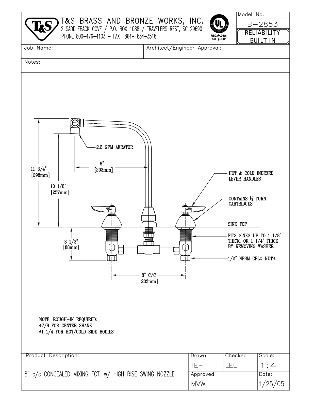 T&S Brass Manuals B-2853 User Manual