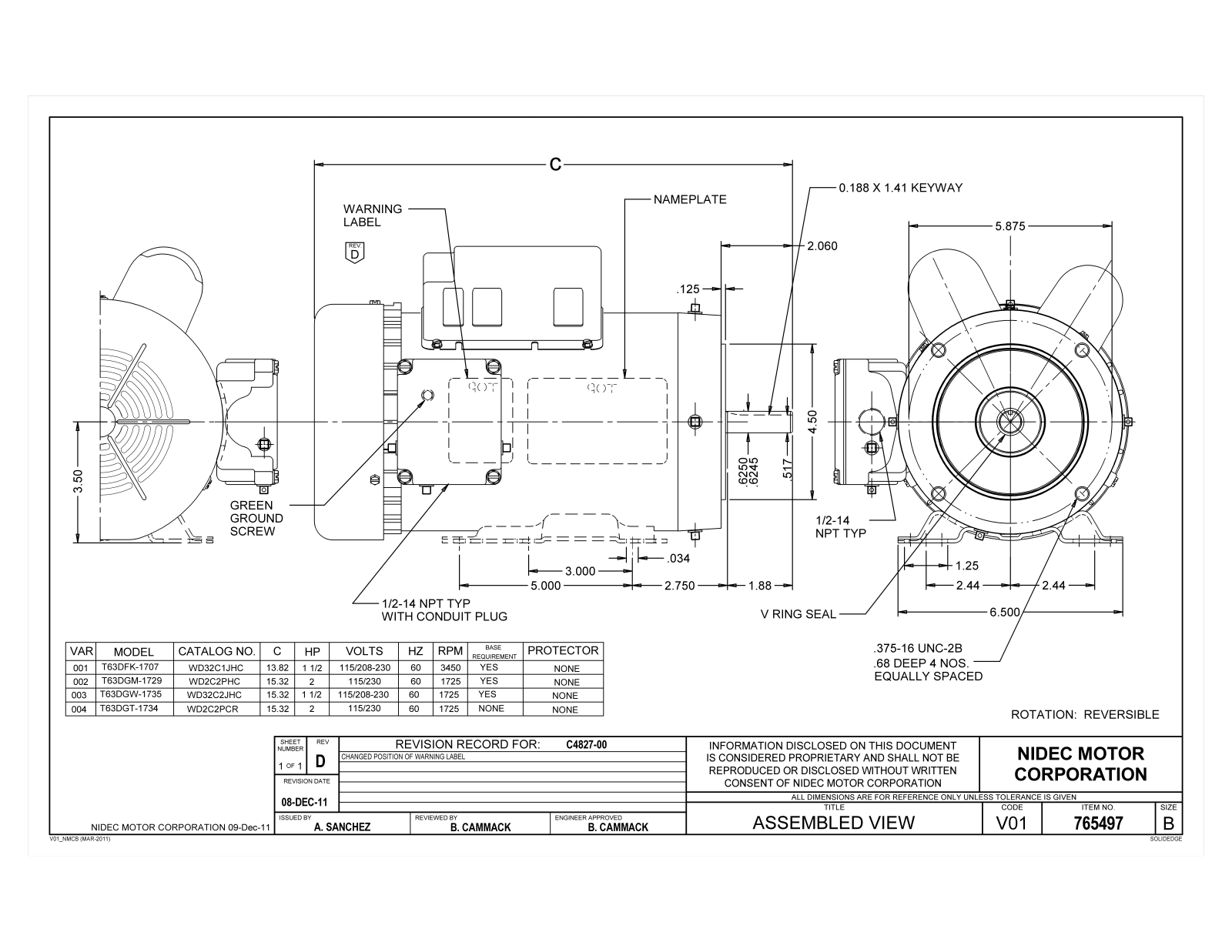 US Motors WD32C1JHC, WD2C2PHC, WD32C2JHC, WD2C2PCR Dimensional Sheet