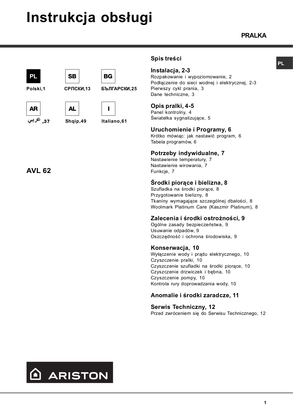 Hotpoint Ariston AVL 62 User Manual