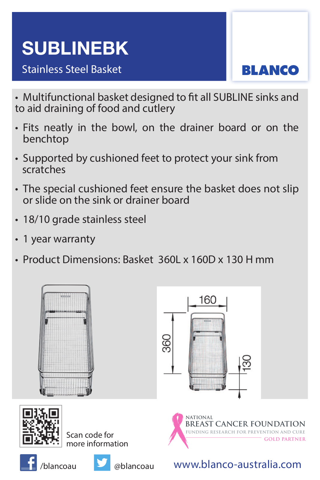 Blanco SUBLINEBK Specifications Sheet