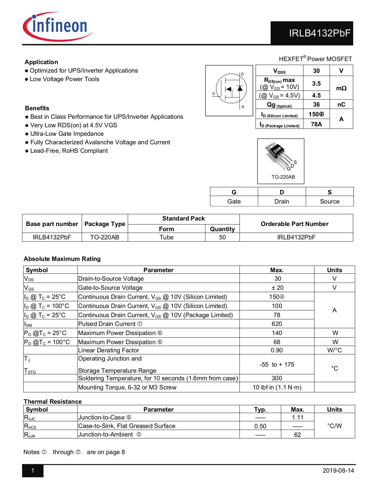 Datasheet IRLB4132PBF Specification - ManualMachine.com