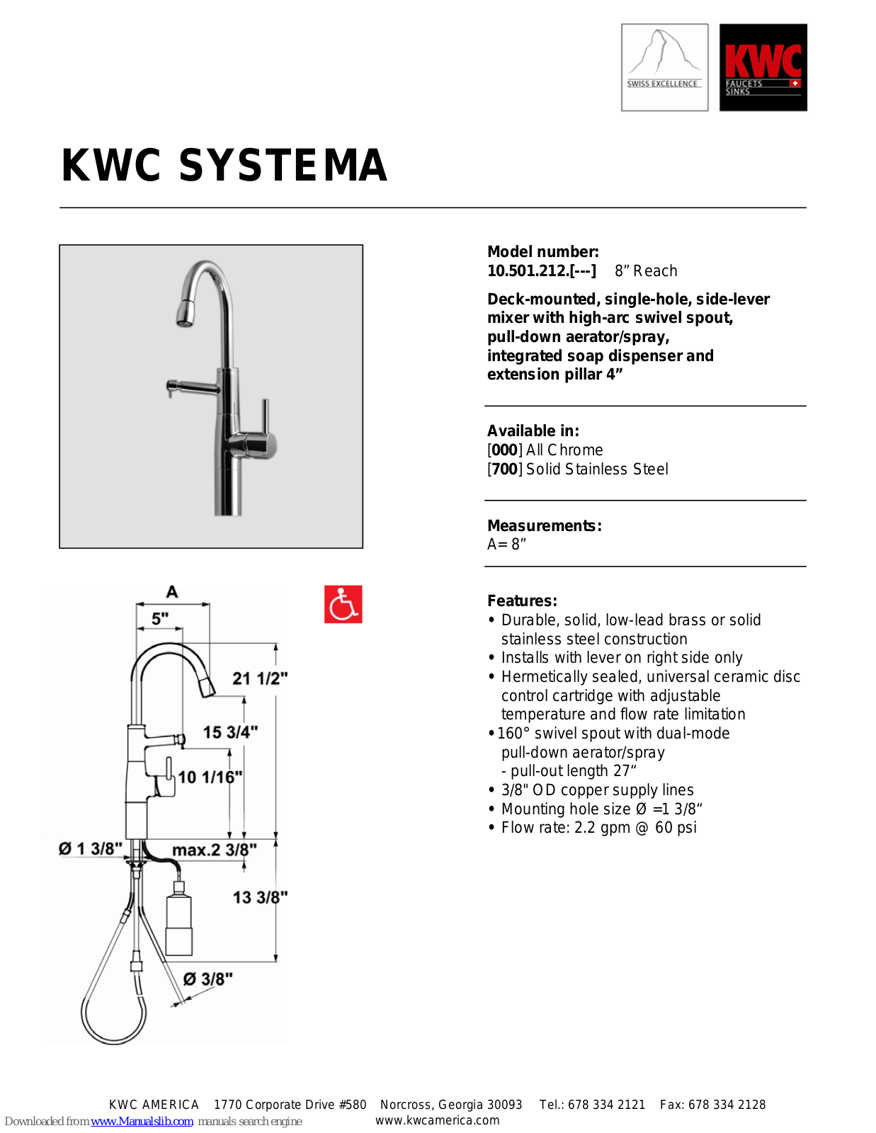 KWC SYSTEMA 10.501.212, SYSTEMA 10.501.212.000, SYSTEMA 10.501.212.700 Specification Sheet - ManualMachine.com