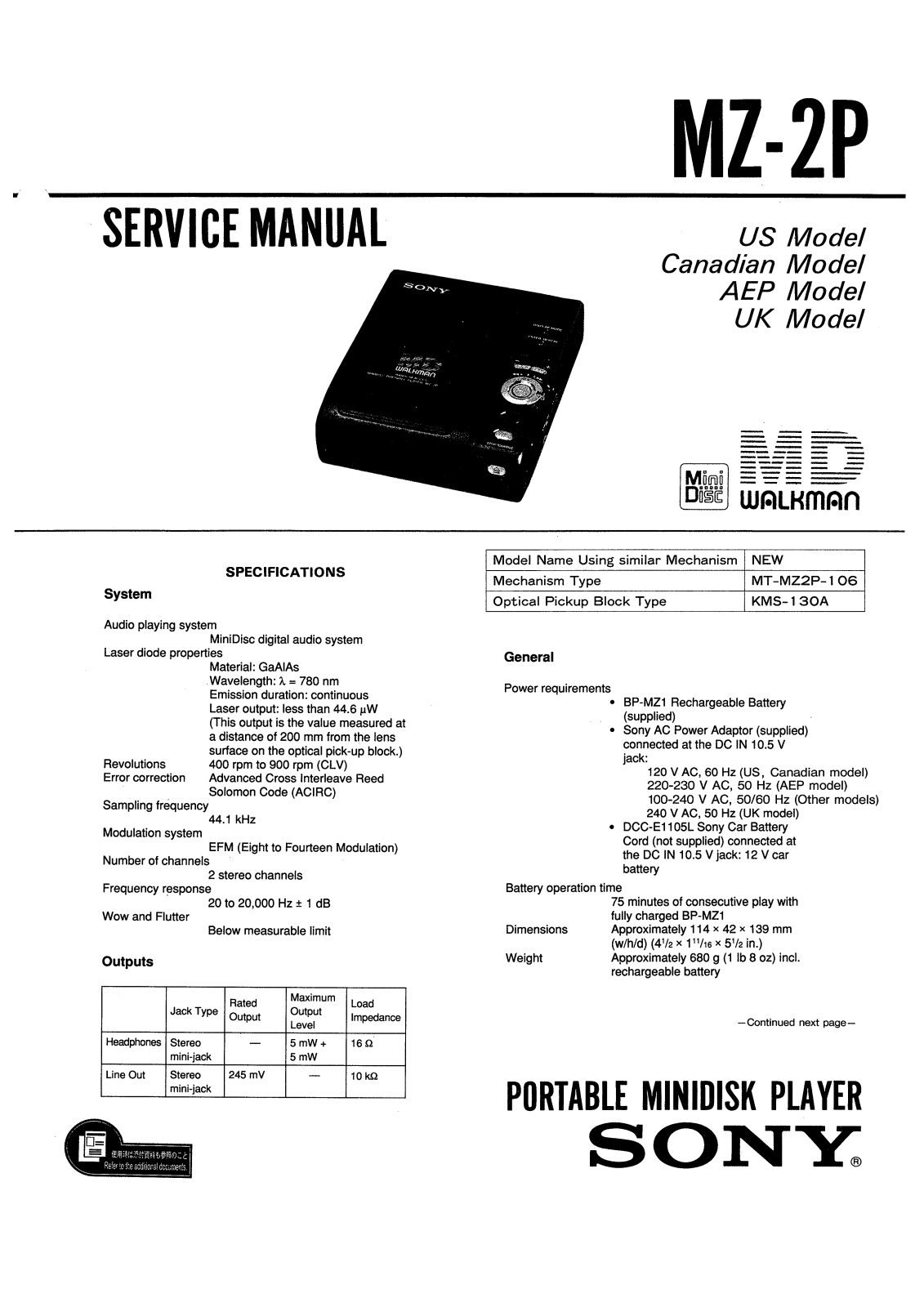 Sony MZ-2-P Service manual