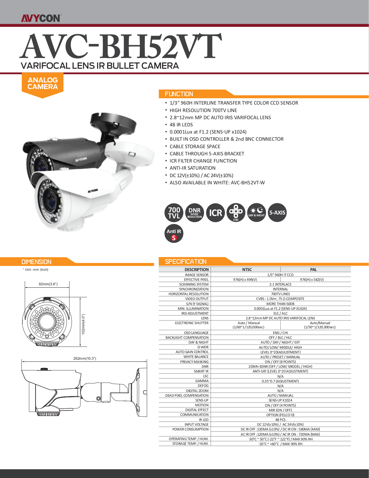 Avycon AVC-BH52VT, AVC-BH52VT-W Specsheet