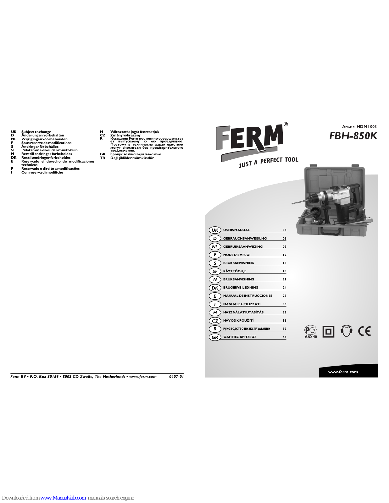 Ferm FBH-850K, FBH-620 User Manual