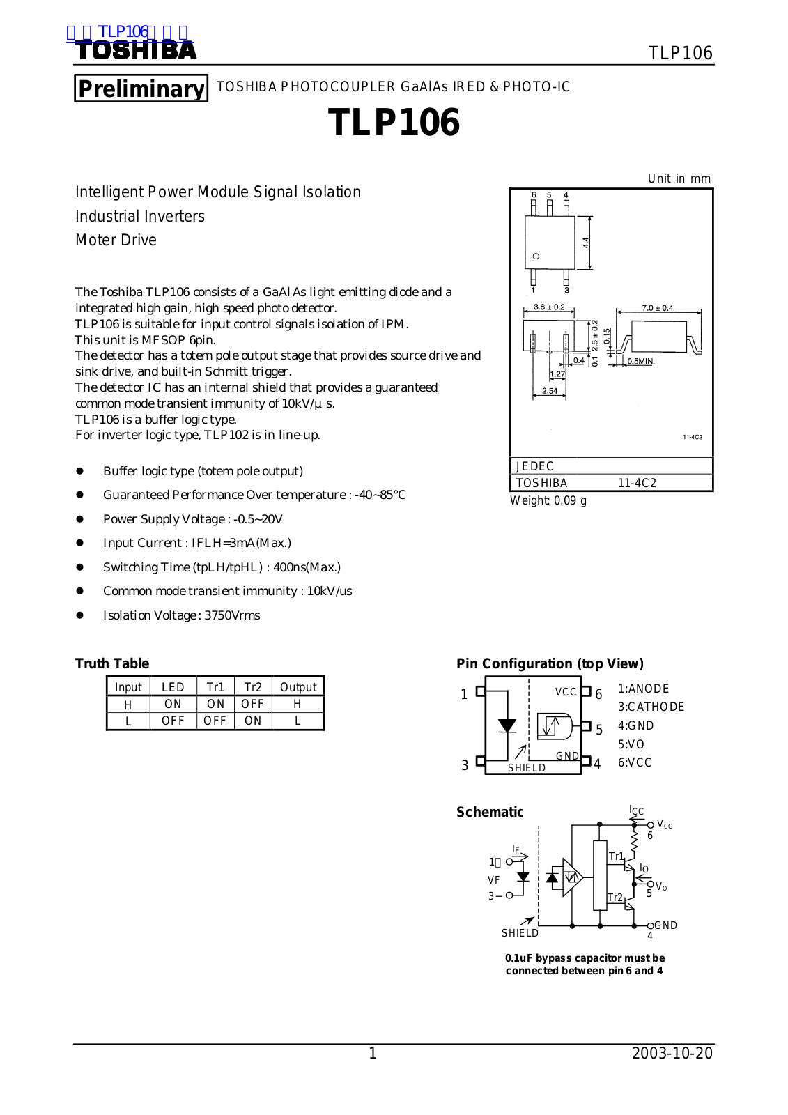 TOSHIBA TLP106 Technical data