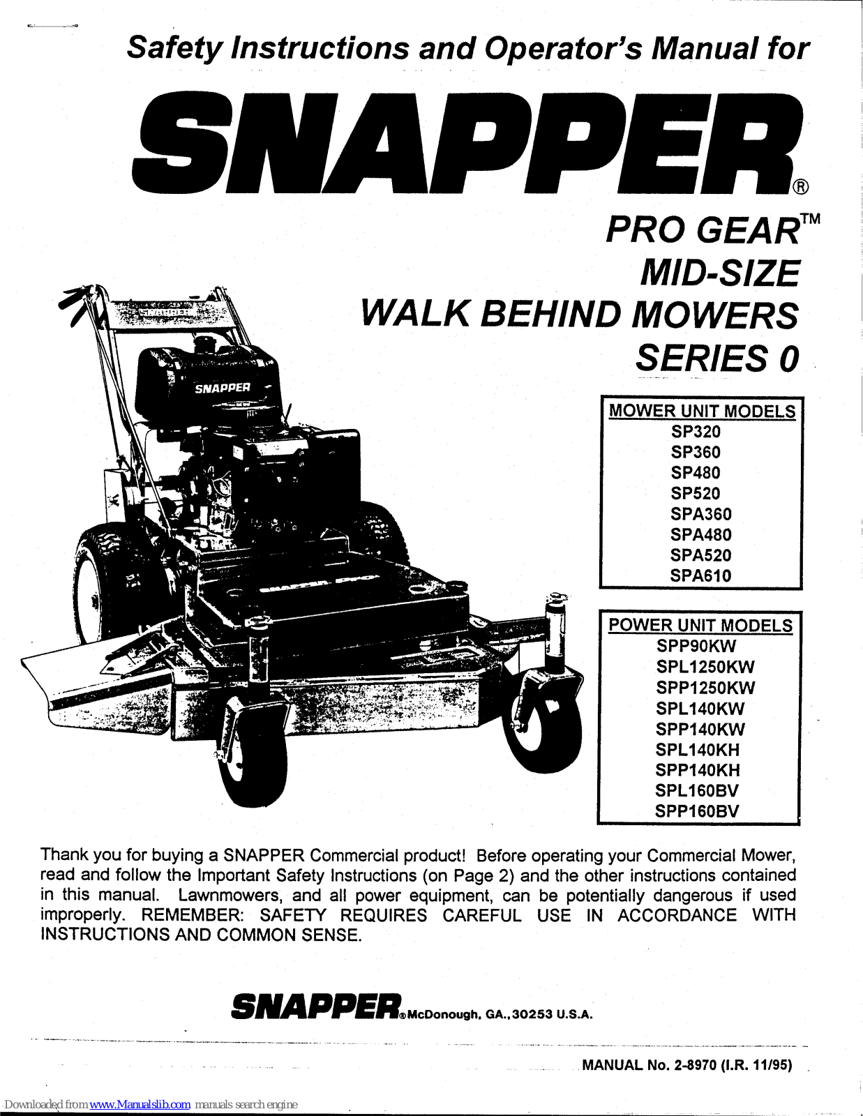 Snapper SP520, SPL140KW, SPL1250KW, SPL140KH, SPL160BV Safety Instructions & Operator's Manual