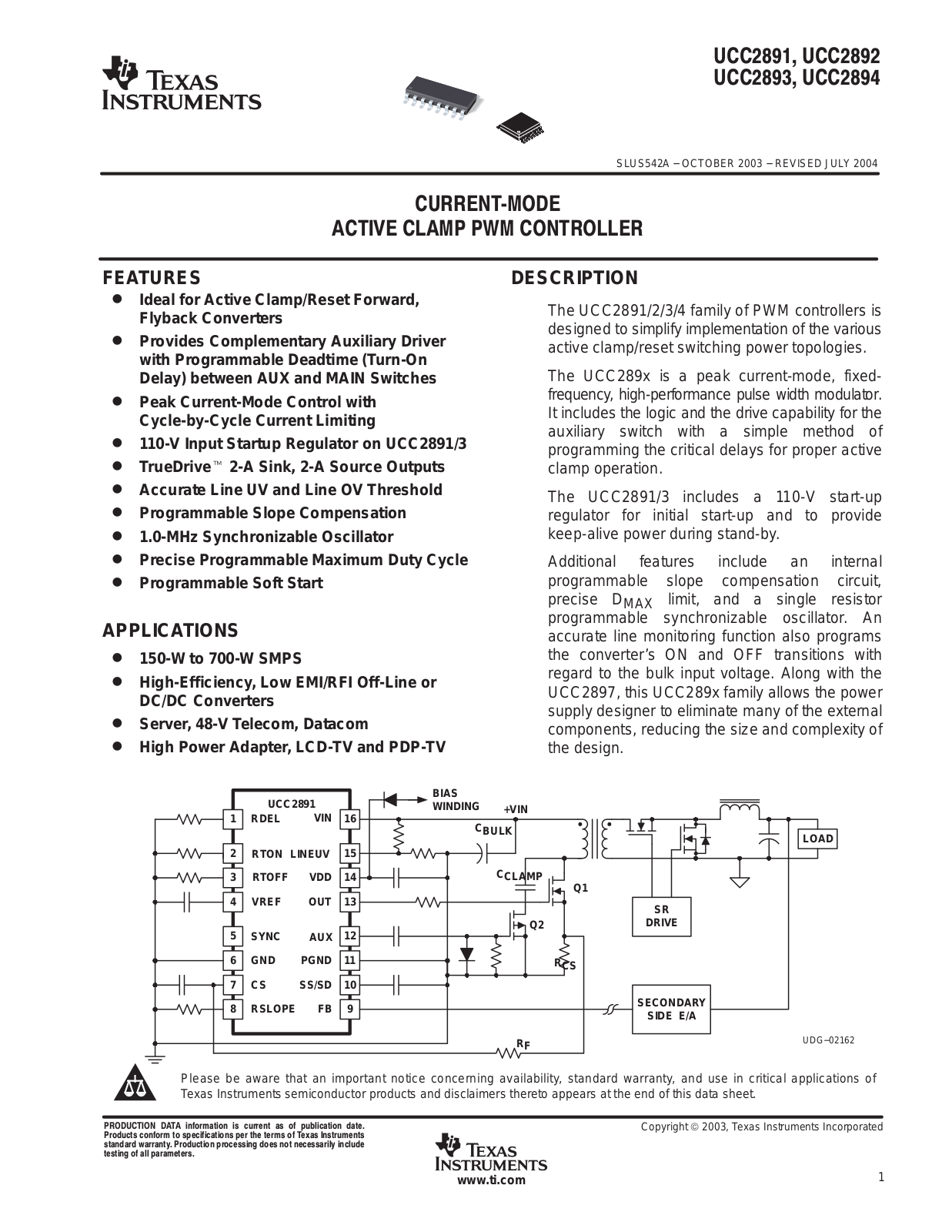 TEXAS INSTRUMENTS UCC2891 Technical data