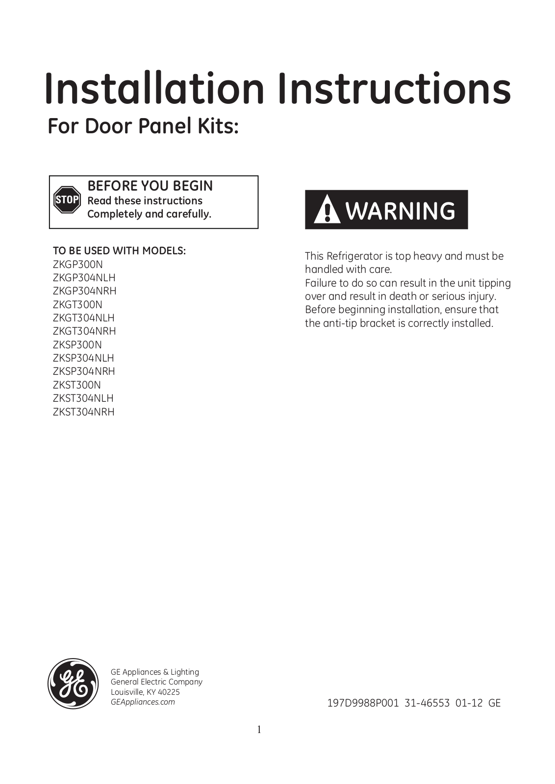 Monogram ZKST304NRH Installation Manual