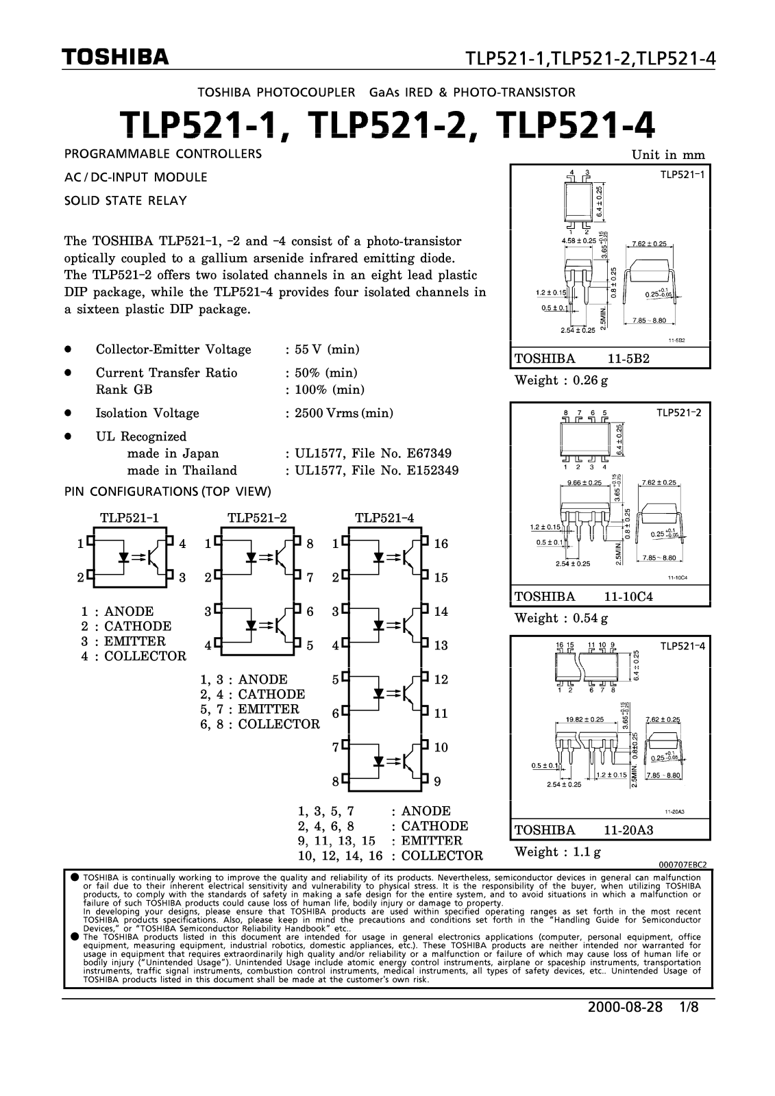 TOSHIBA TLP521-1, TLP521-2, TLP521-4 Technical data