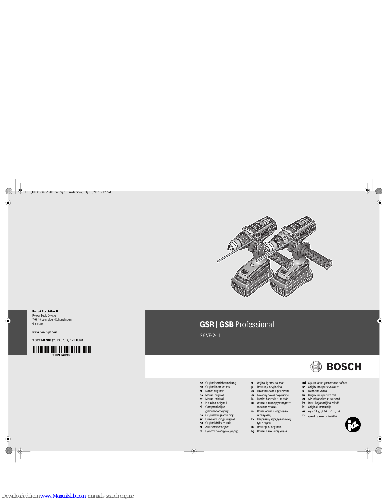 Bosch GSR Professional 36 VE-2-LI, GSB Professional 36 VE-2-LI Original Instructions Manual