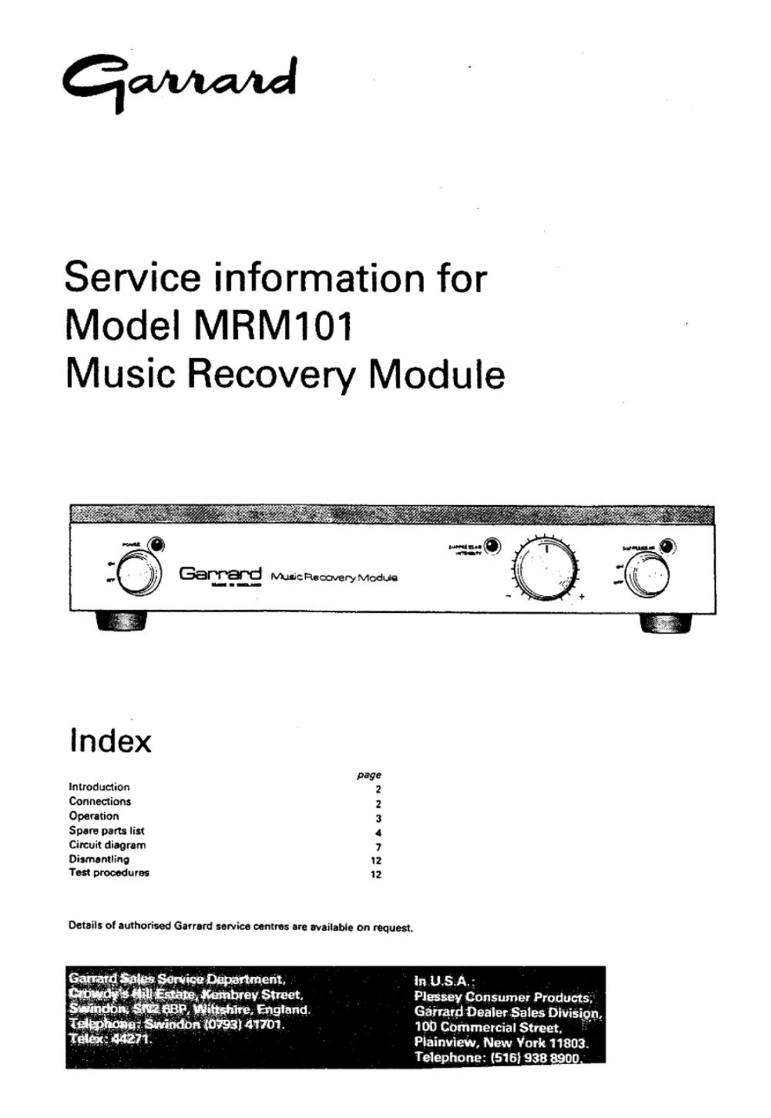 Garrard MRM-101 Service manual