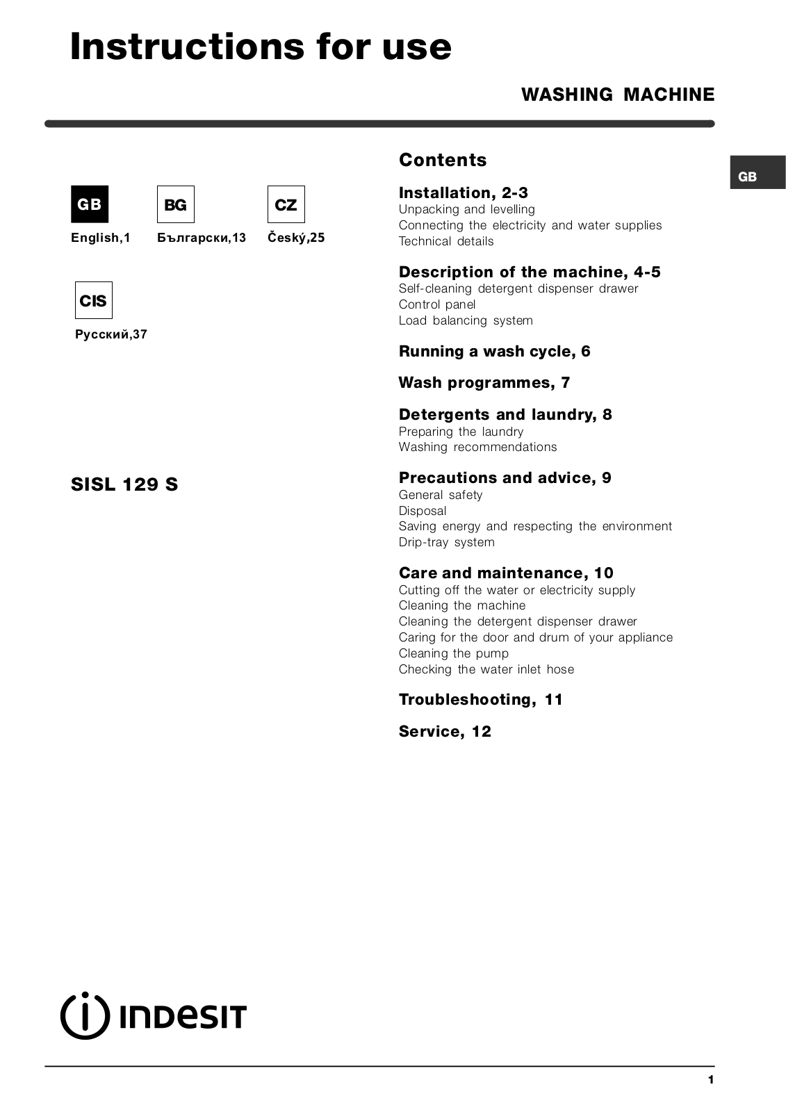 Indesit Moon SISL 129 S User Manual