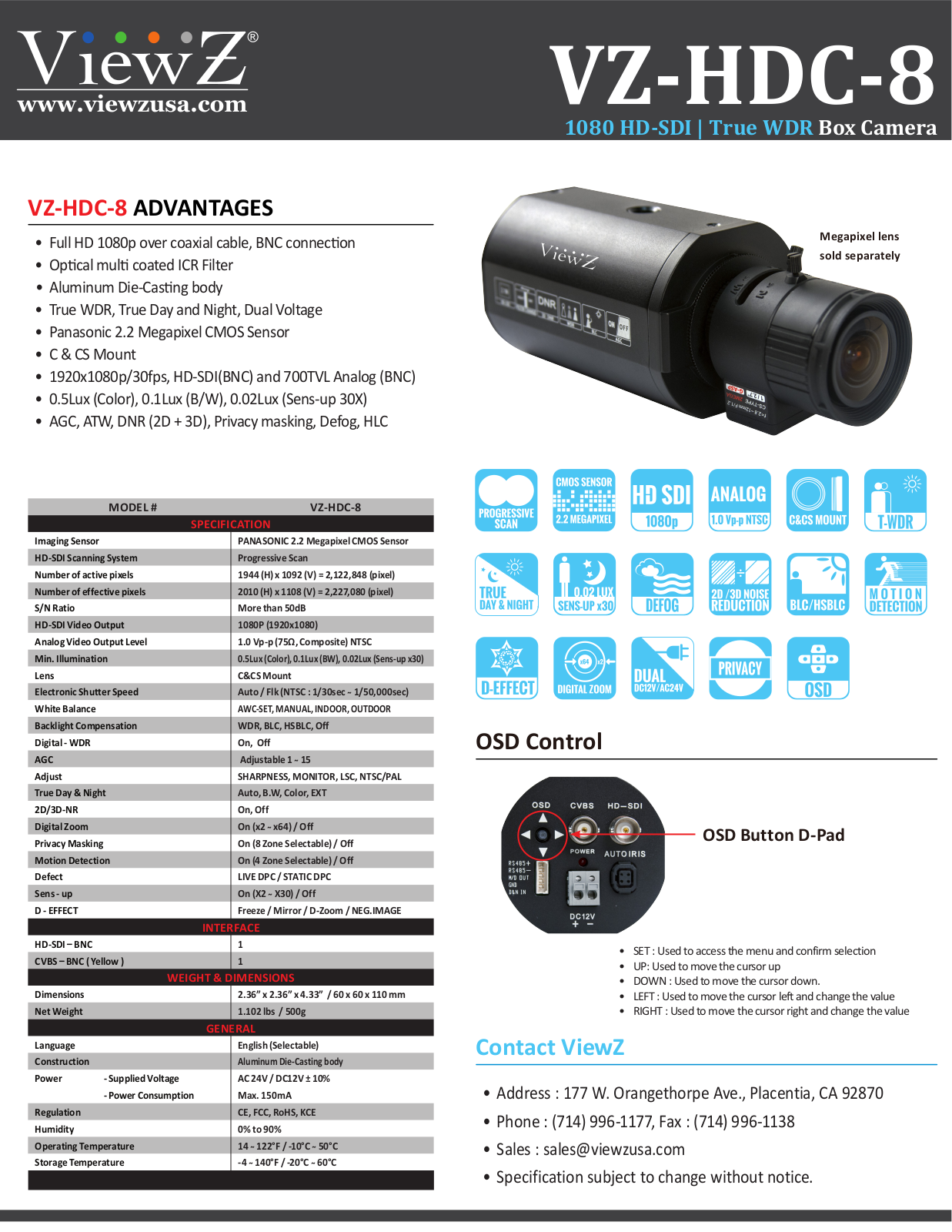 ViewZ VZ-HDC-8 Specsheet