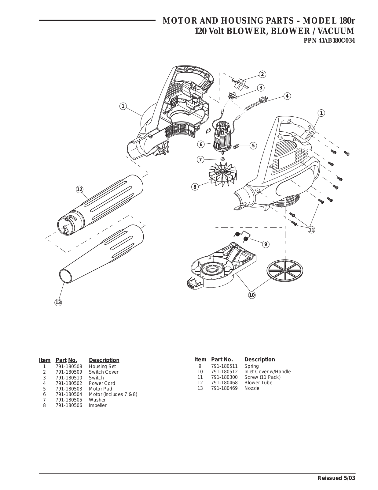 Mtd 180R PARTS LIST