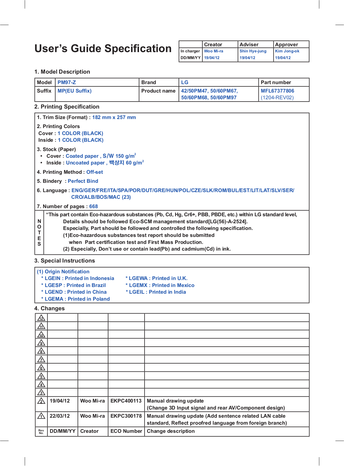 LG 50PM470T User manual