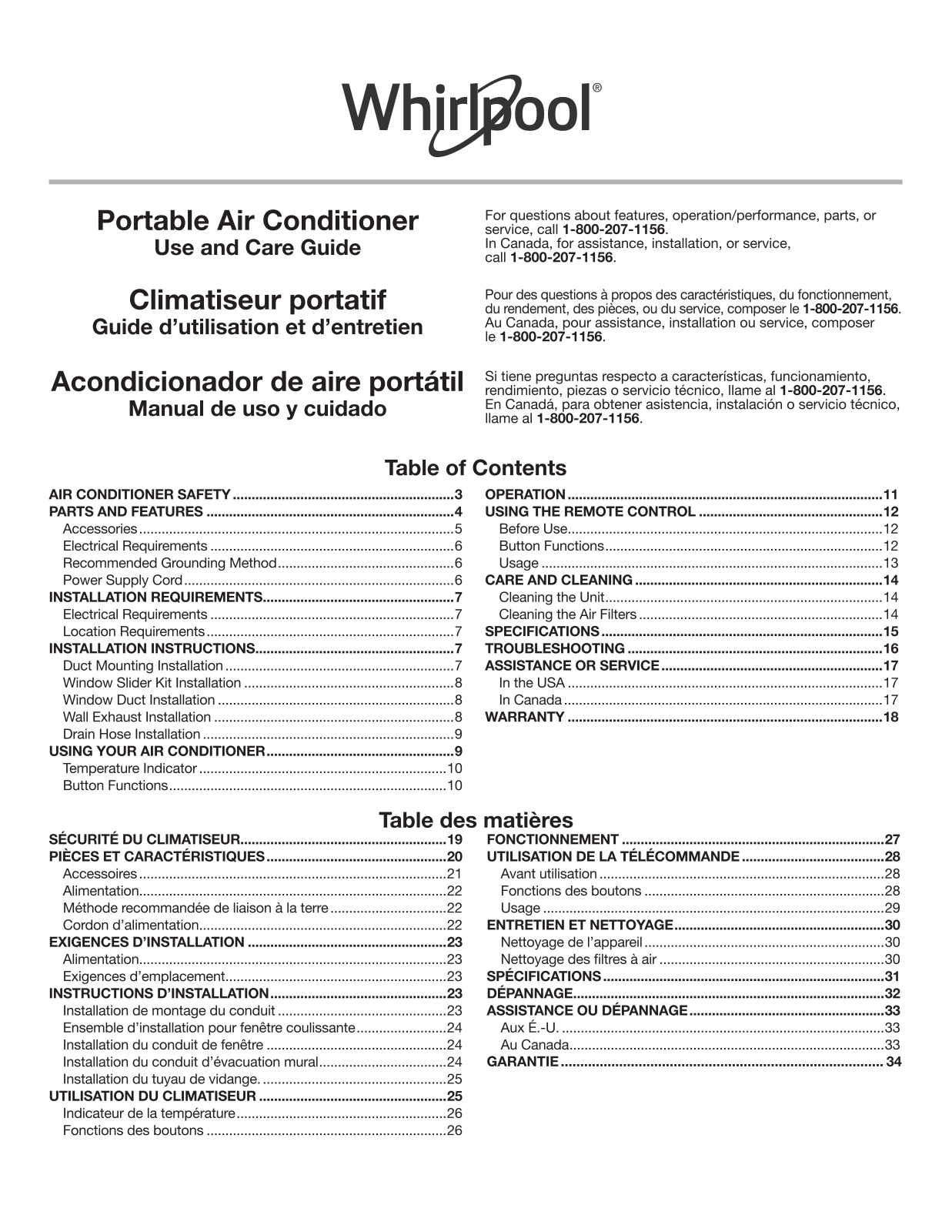 Whirlpool WHAP13HBWC Users guide