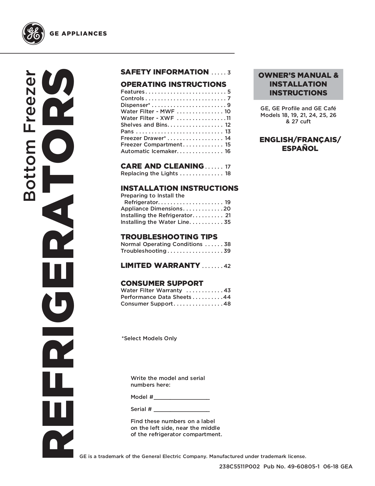 GE GFE26JSMSS, GYE18JEMDS, GNE27ESMSS, GFE26JBMTS, GFE26JMMES Owners Manual